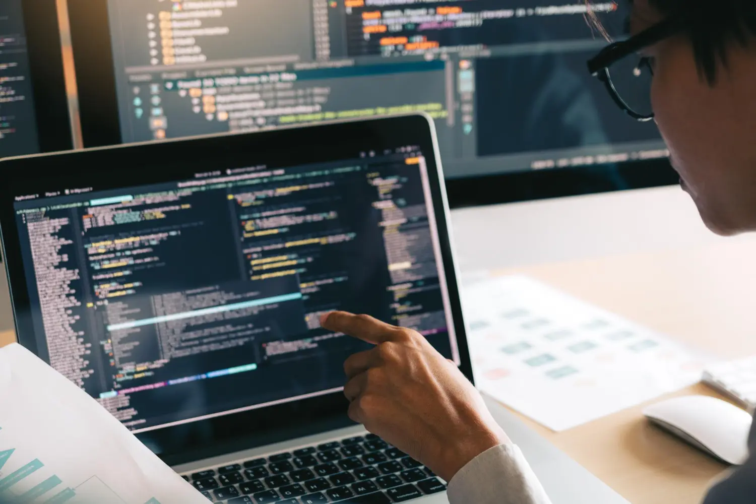 CTO analyzing technology architecture diagrams with warning signs and complex interconnected systems