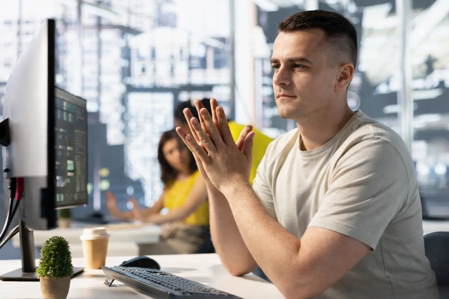 Elite CTO leading technology team in modern office environment with strategic planning boards and digital interfaces